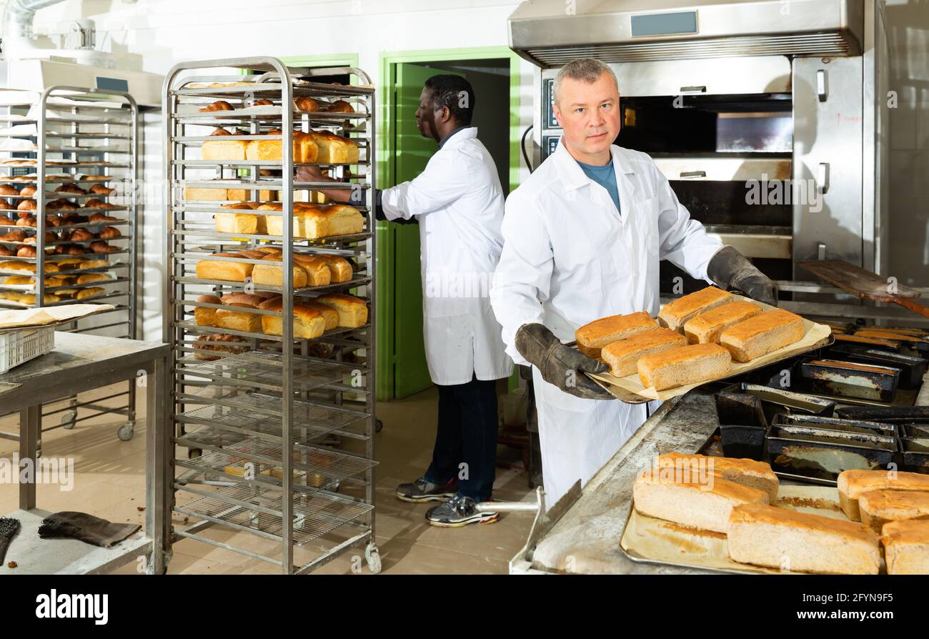 Portrait of successful baker working in bakehouse, holding tray with freshly baked bread Stock Photo