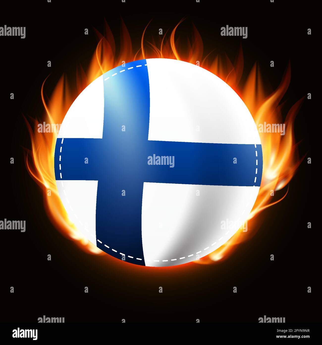 Finland flag on fire background. Country emblem. Vector Illustration Stock Vector