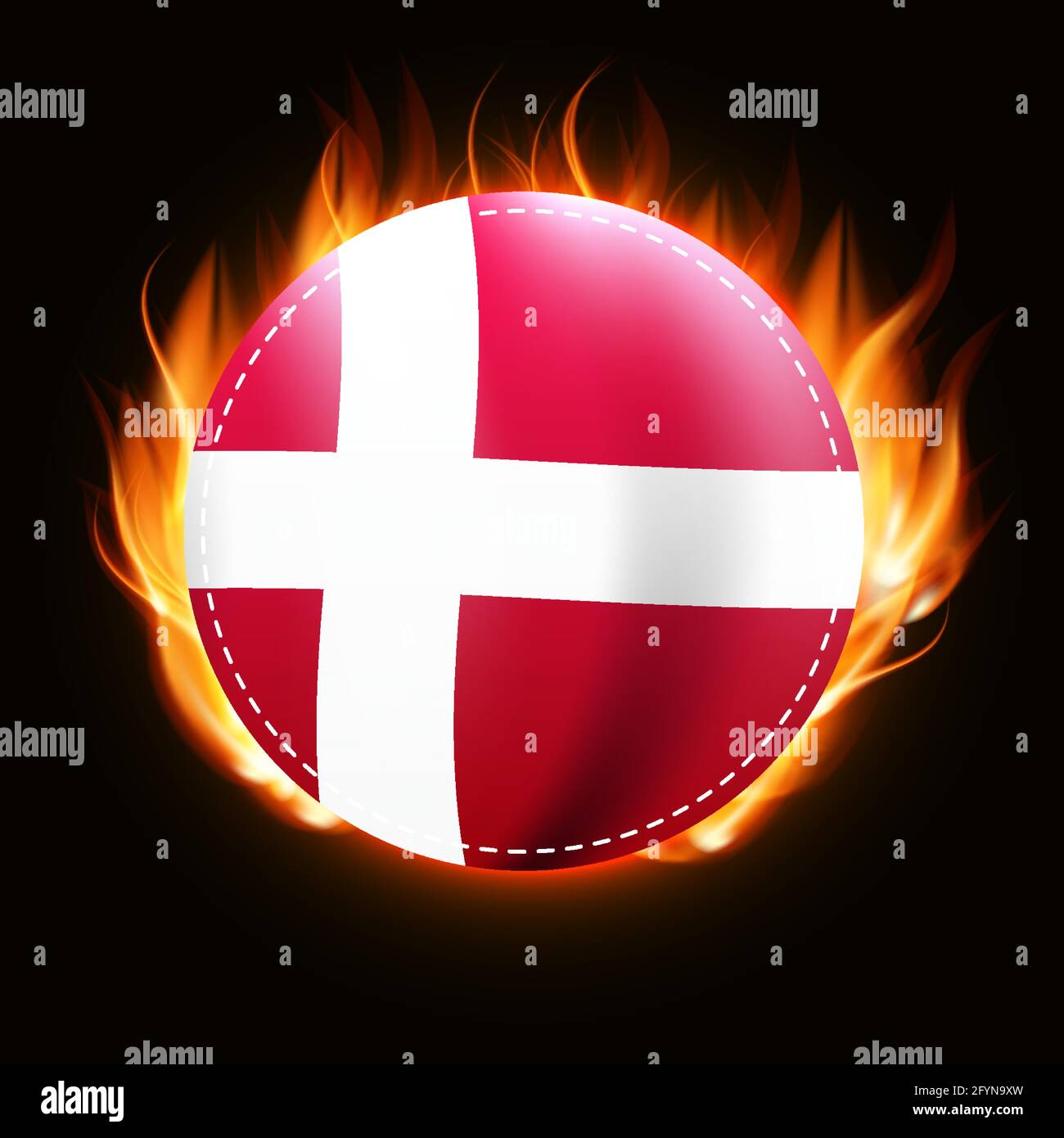 Denmark flag on fire background. Country emblem. Vector Illustration Stock Vector