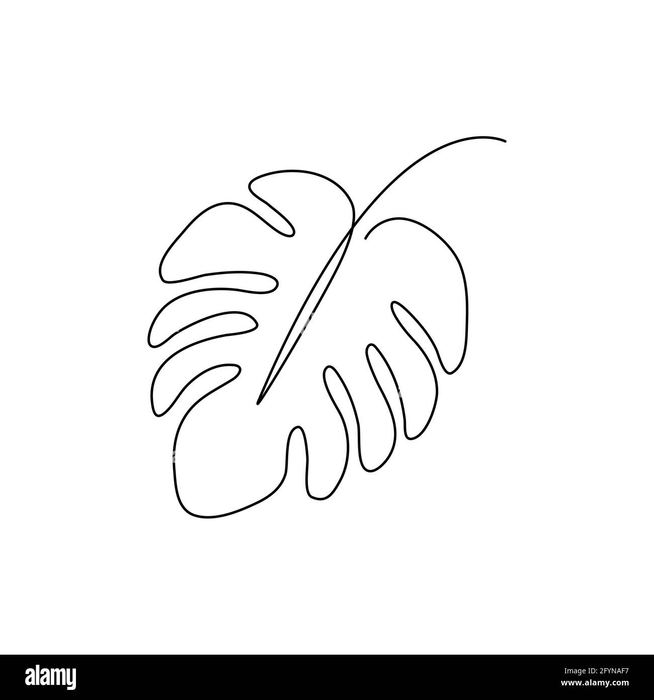 Abstract One Line Drawing Of A Tropical Leaf Minimal Art Plant Isolated On  A White Background