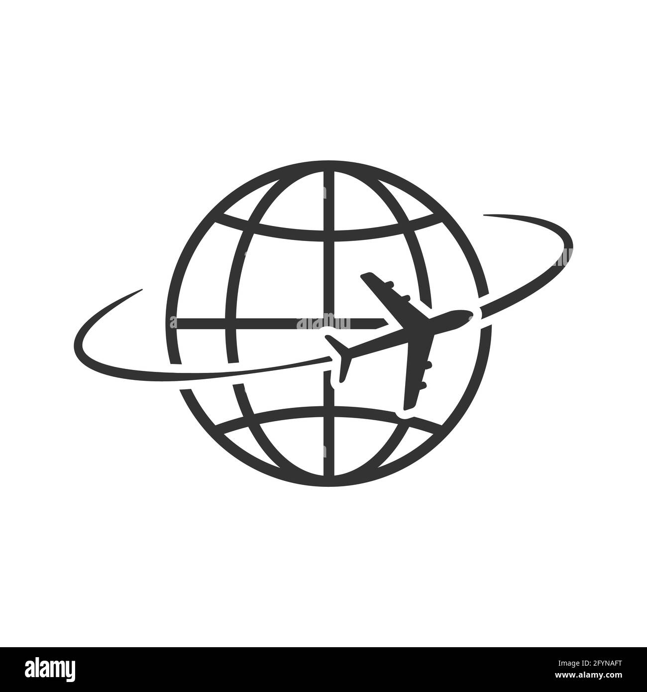 Airplane flying around world. Aircraft world concept. Travel symbol. Vector illustration isolated on white Stock Vector