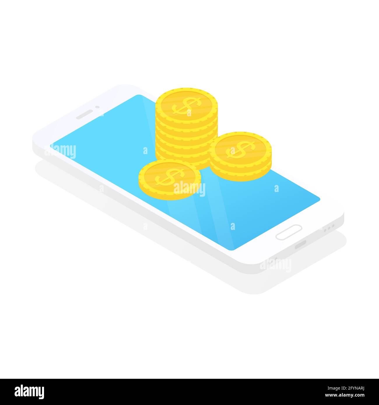 Phone with money. Coins transfer concept. Flat isometric illustration. Exchange electronic money. Stock Vector