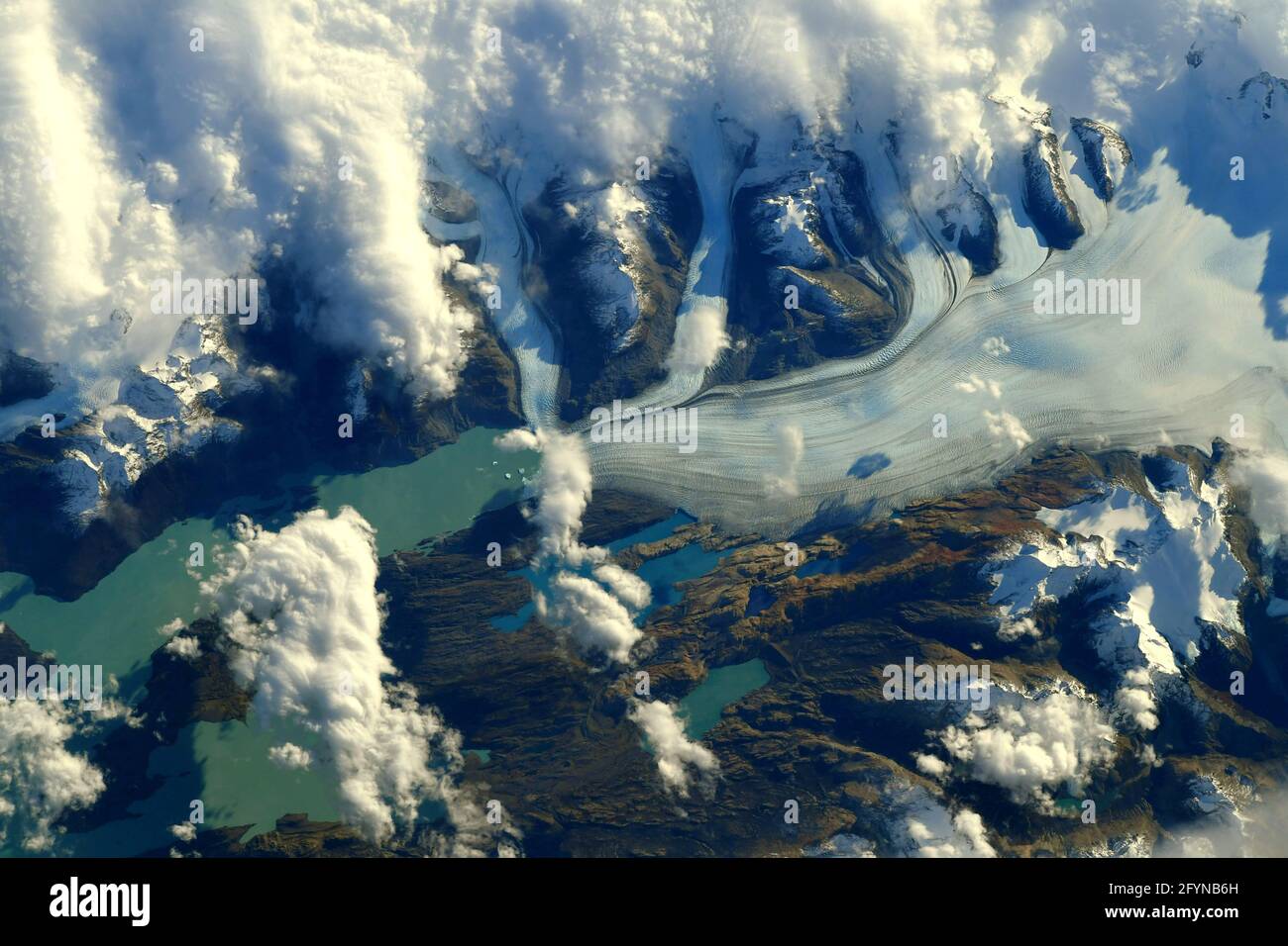 UPSALA GLACIER, ARGENTINA - 08 May 2021 - Aerial view of the Upsala Glacier in the Andes of Argentina photographed from the International Space Statio Stock Photo