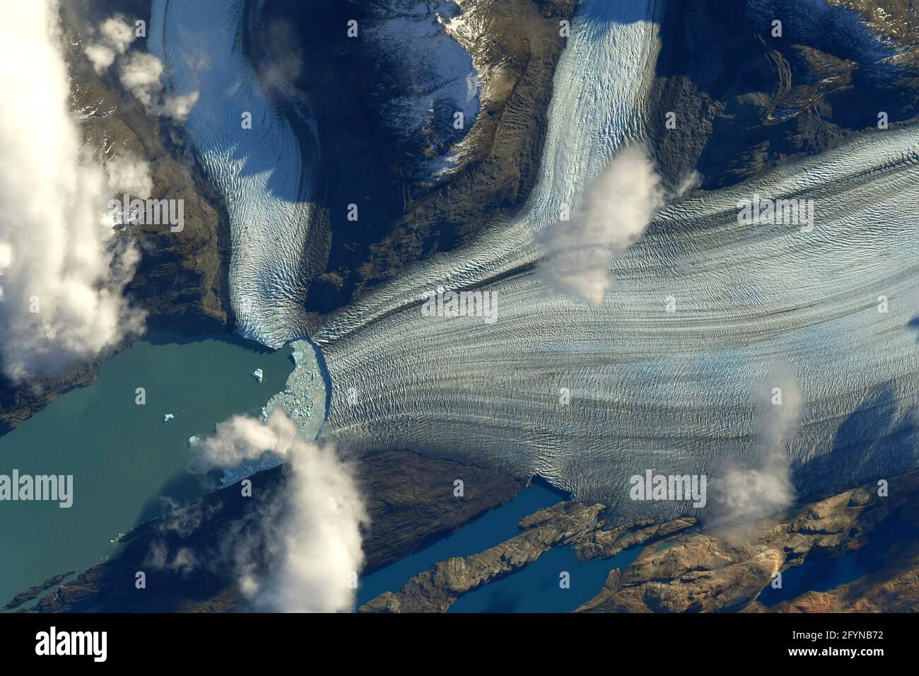 UPSALA GLACIER, ARGENTINA - 08 May 2021 - Aerial view of the Upsala Glacier in the Andes of Argentina photographed from the International Space Statio Stock Photo