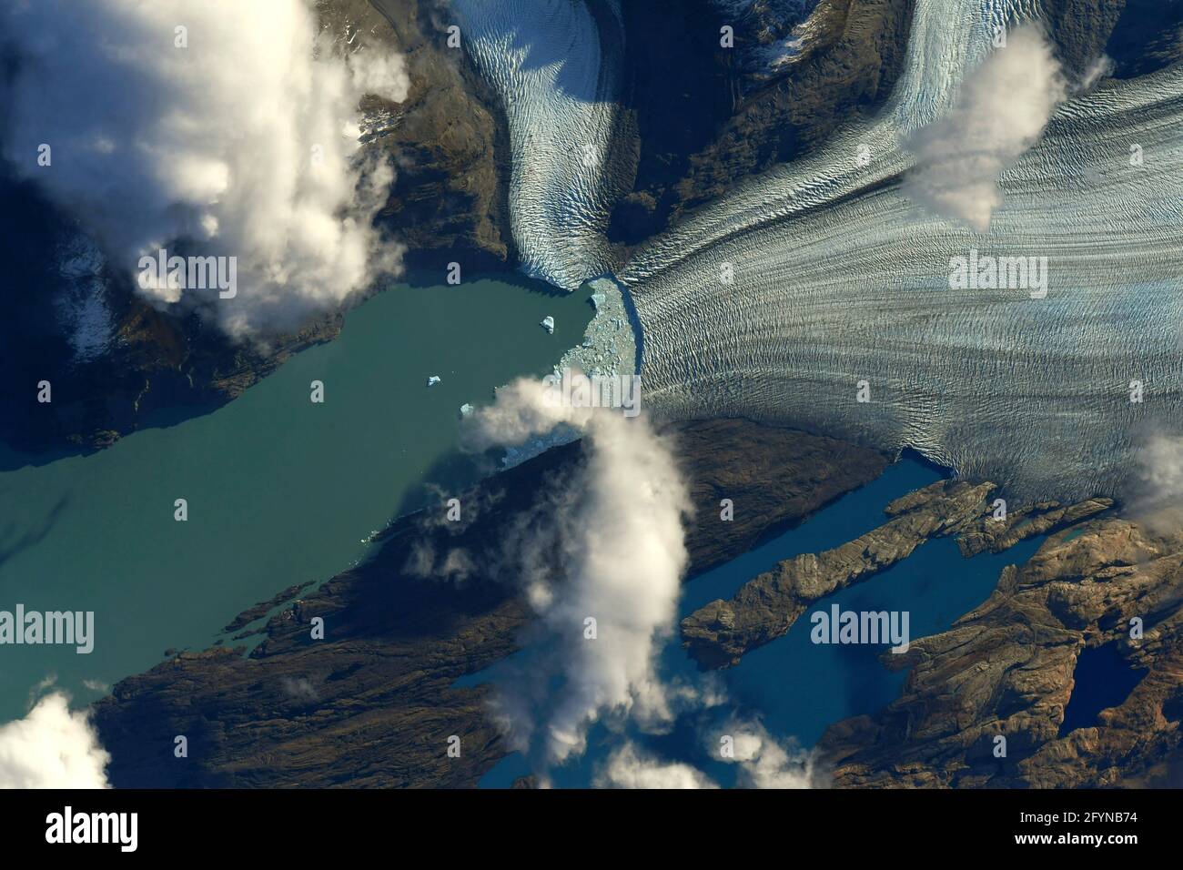 UPSALA GLACIER, ARGENTINA - 08 May 2021 - Aerial view of the Upsala Glacier in the Andes of Argentina photographed from the International Space Statio Stock Photo