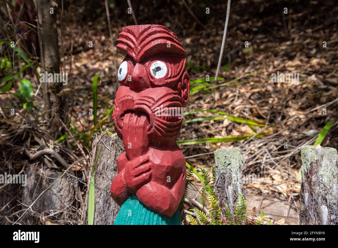 Beautiful traditional Maori sculptures in Whakarewarewa village, North Island of New Zealand Stock Photo