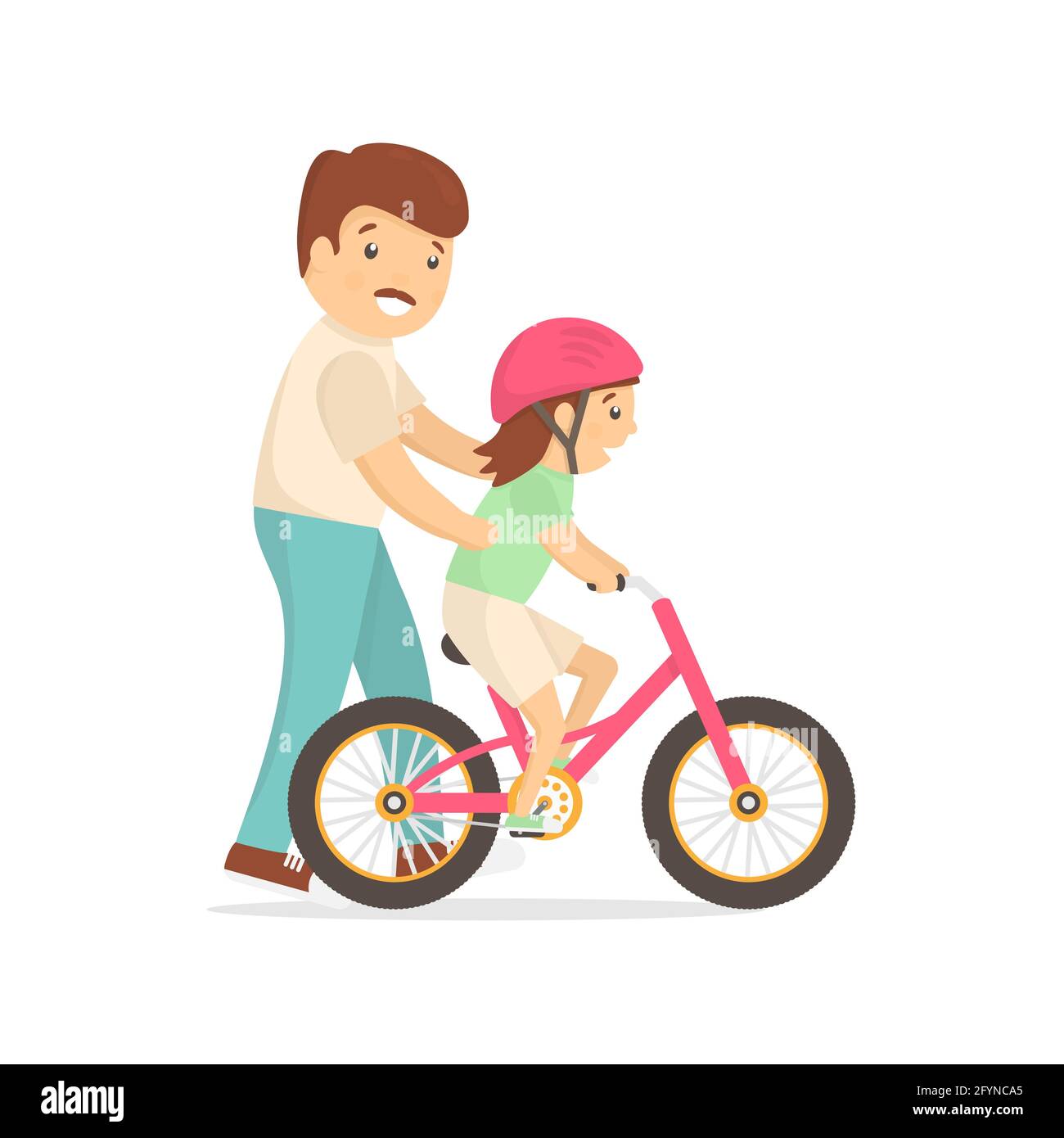Father teaching daughter to ride bike. Caring dad help his little child Stock Vector