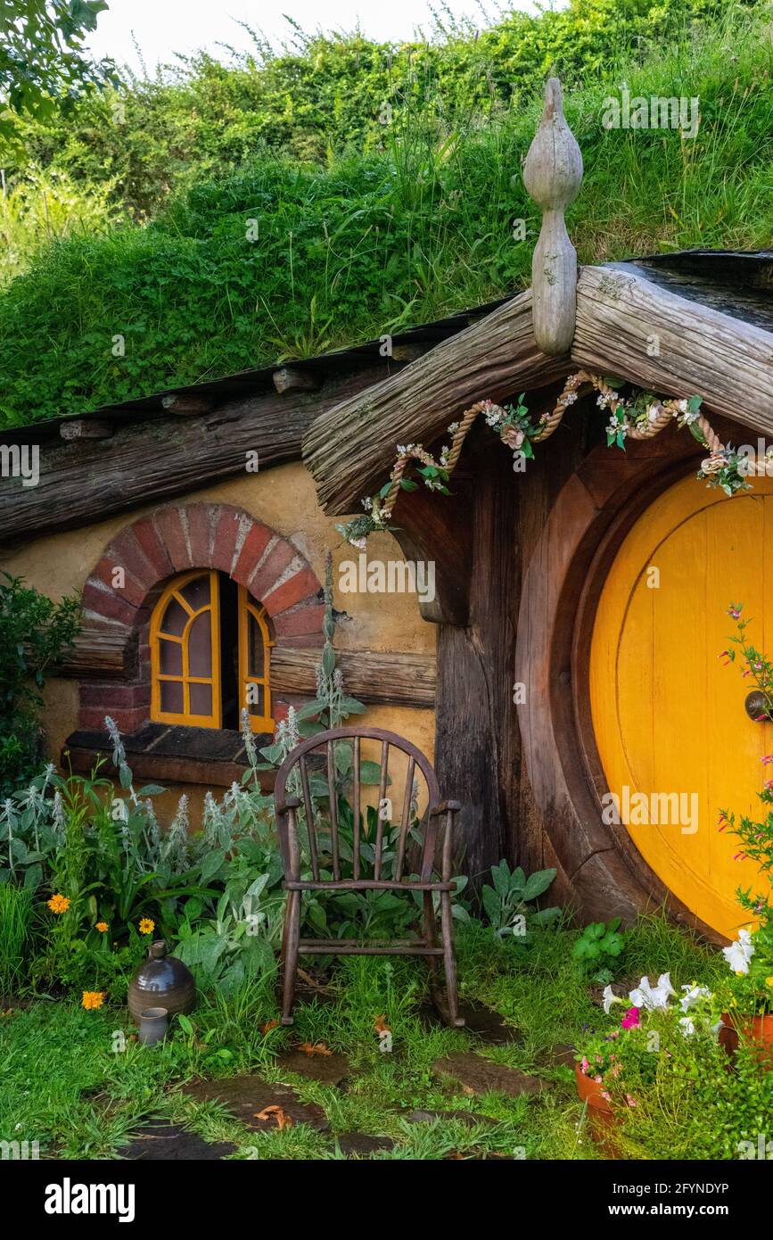 Famous Hobbiton village in Matamata from the movies The Hobbit and Lord of the Rings, New Zealand Stock Photo