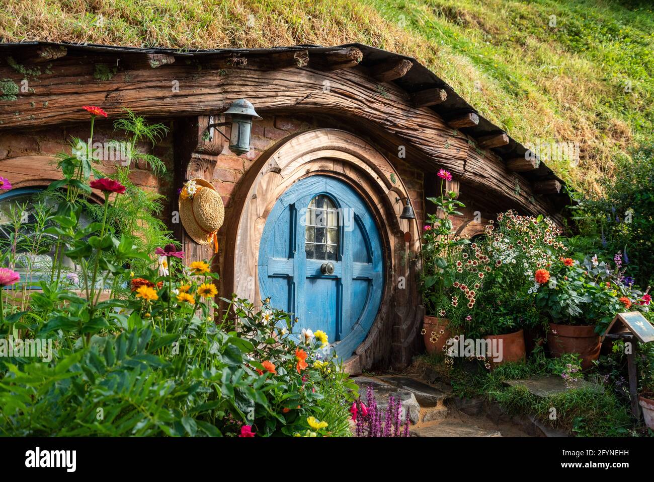 Famous Hobbiton village in Matamata from the movies The Hobbit and Lord of the Rings, New Zealand Stock Photo