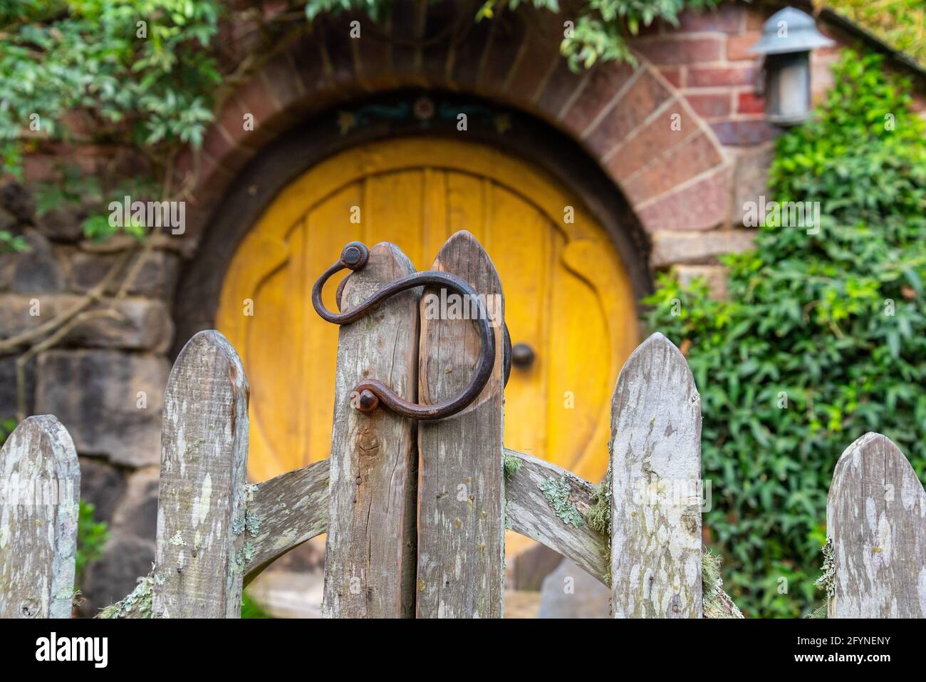 Famous Hobbiton village in Matamata from the movies The Hobbit and Lord of the Rings, New Zealand Stock Photo