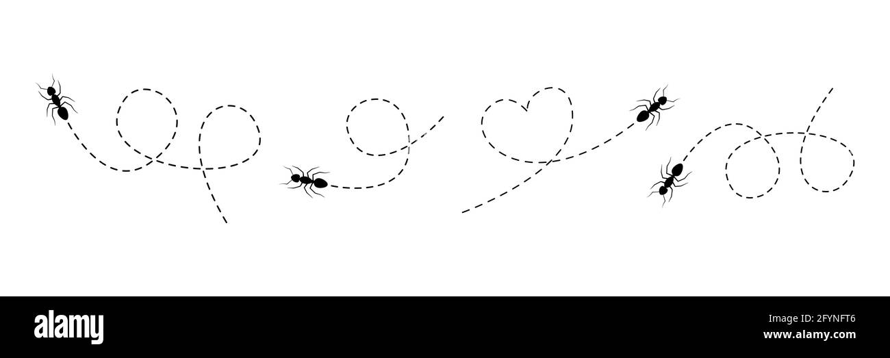 Cute ant set walking on a dotted line route. Line of working ants. Vector illustration isolated on white Stock Vector