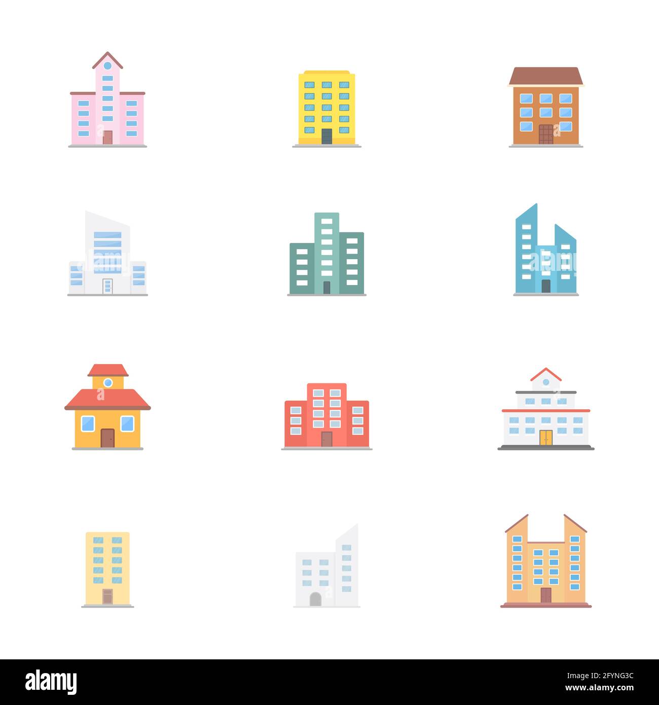 Building icon large set. Modern buildings and estate symbol colorful collection. Vector isolated on white Stock Vector