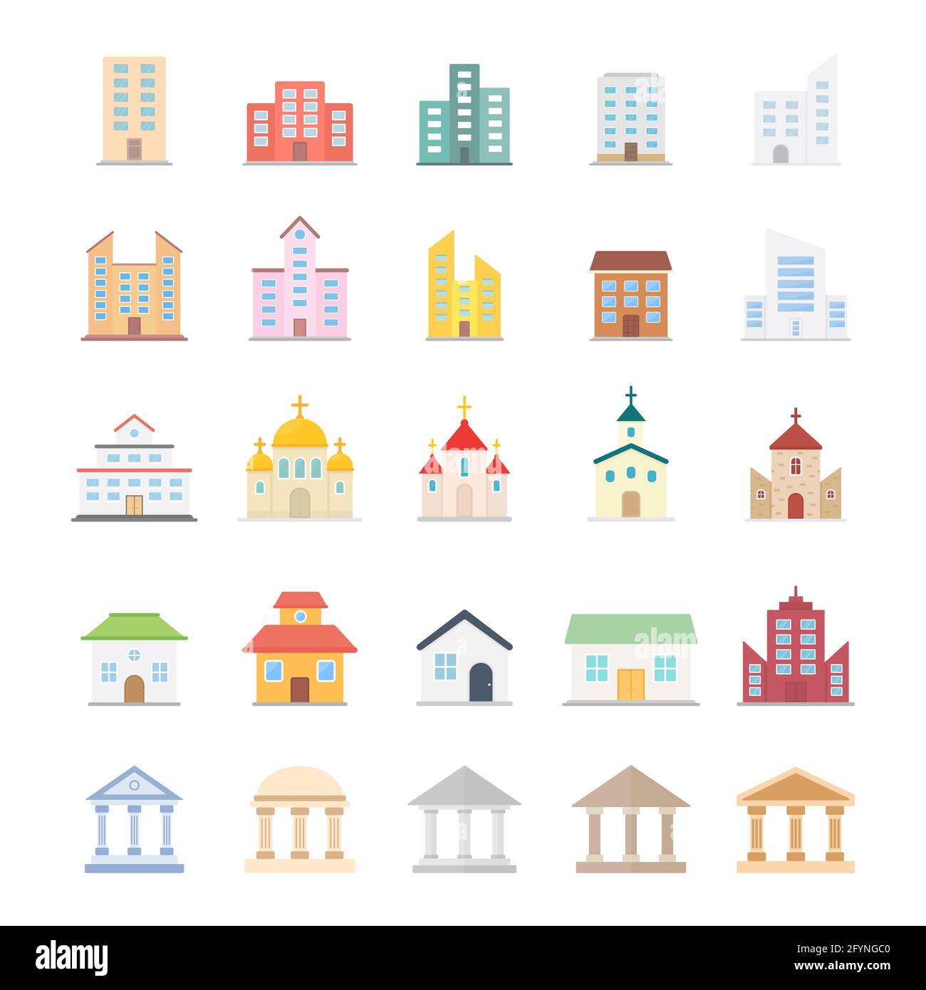 Building icon large set. Houses, churches, museums and universities. Modern buildings and estate symbol colorful collection. Stock Vector
