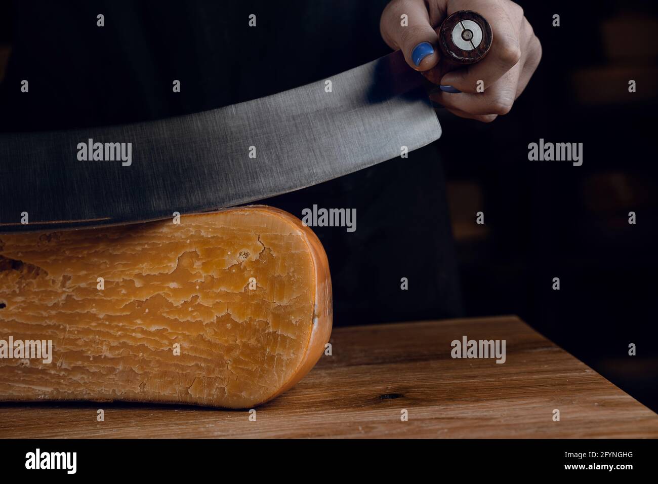 Slicing aged cheese parmesan with crystals using a cheesy dutch knife. Hard cheese with knife on