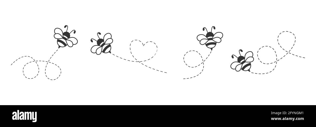 Cute bees with dotted line route set. Vector illustration isolated on white Stock Vector