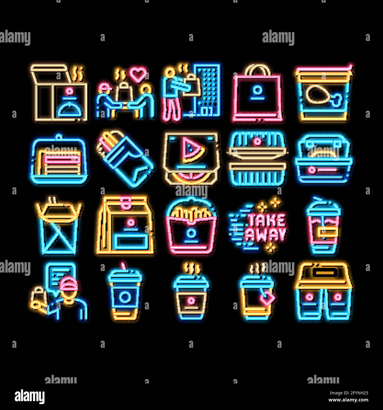 Take Away Food And Drink Delivery neon glow icon illustration Stock ...