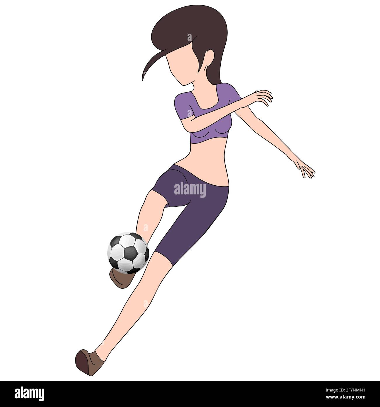 Cartoon woman kicking a ball while playing soccer illustrated on white