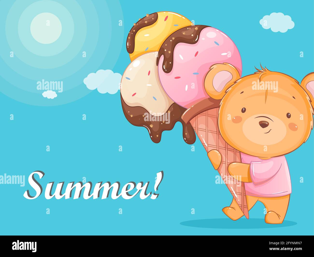 Hello summer. Cute little bear holds a very big ice cream. Funny ...