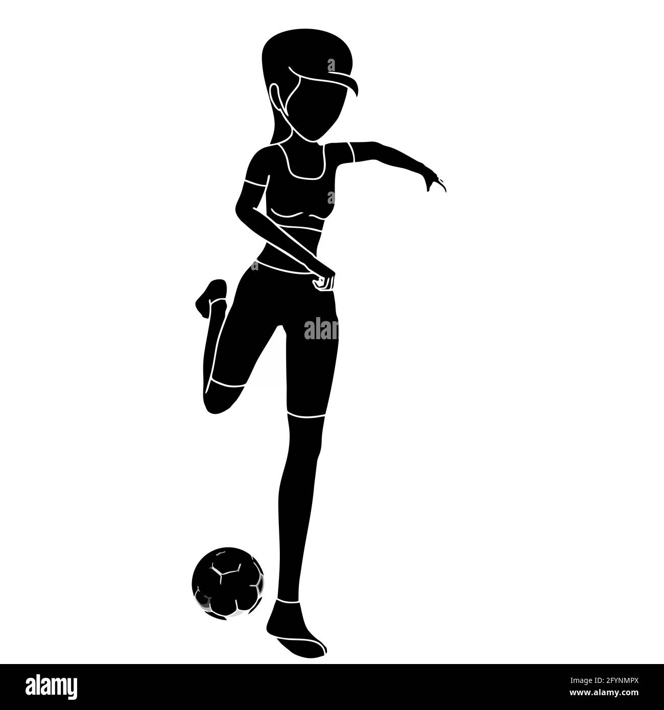 Silhouette of a cartoon woman kicking a ball while playing soccer illustrated on white background Stock Photo