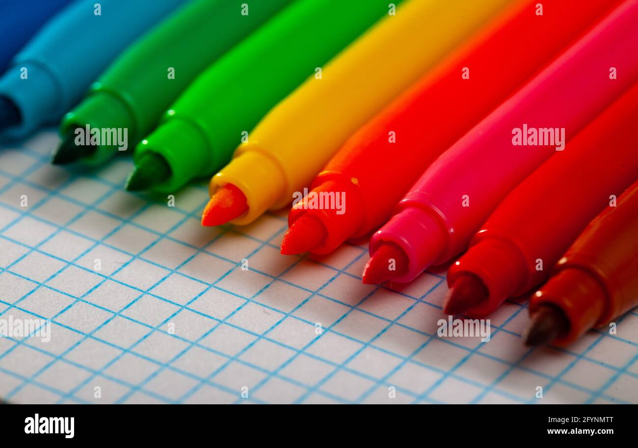 Image of opened multicolored markers on notepad, nobody Stock Photo - Alamy