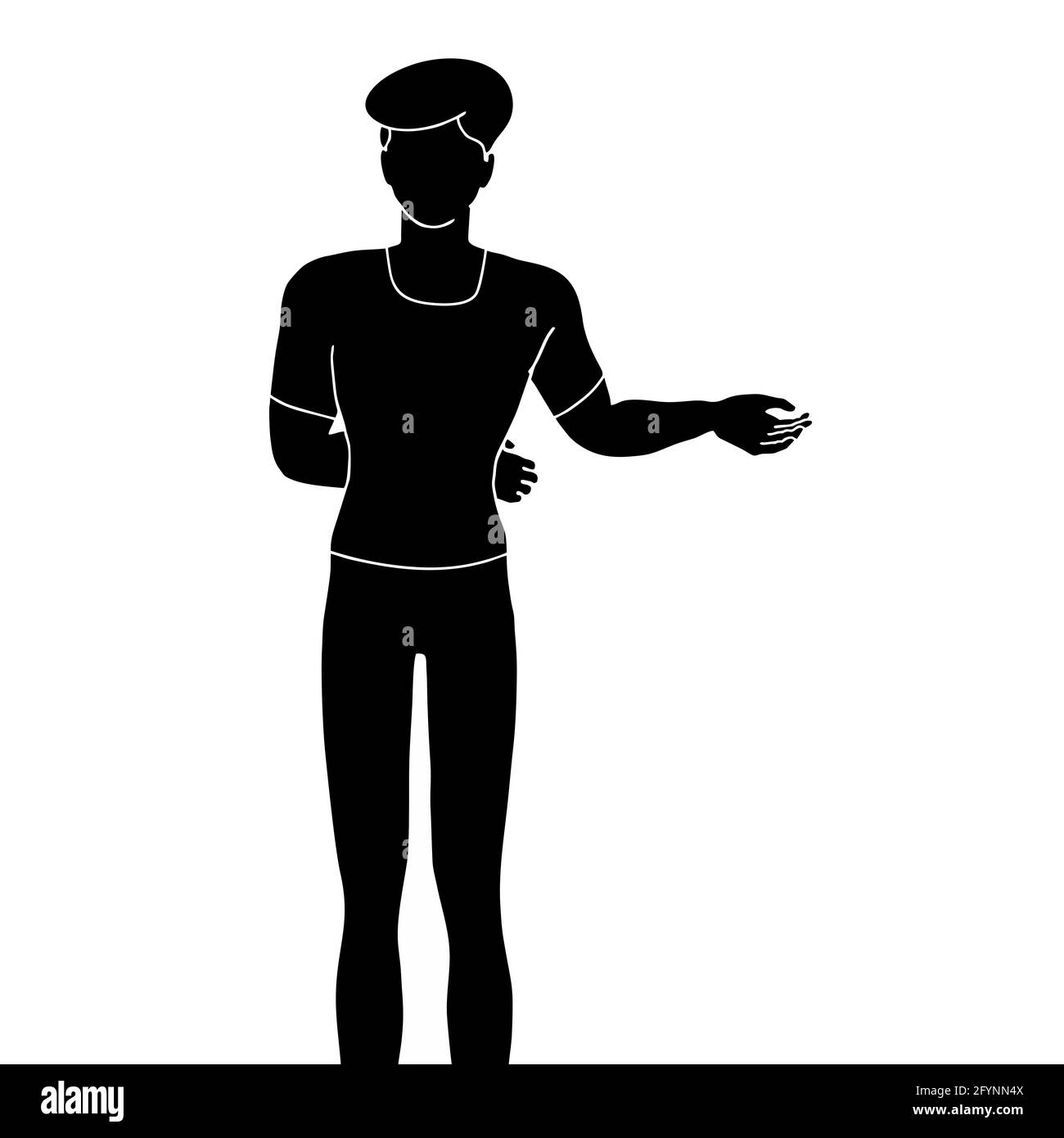 Silhouette of a cartoon man presenting something creative illustrated on a white background Stock Photo