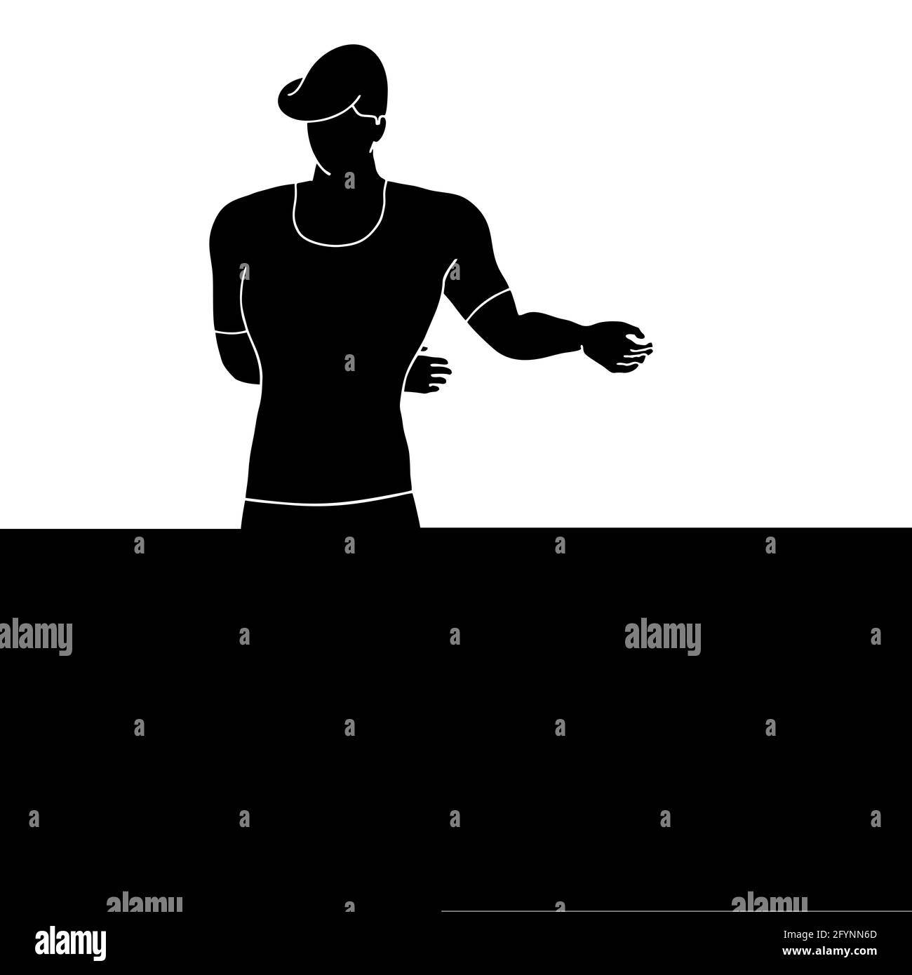 Silhouette of a cartoon man presenting something creative illustrated on a white background Stock Photo