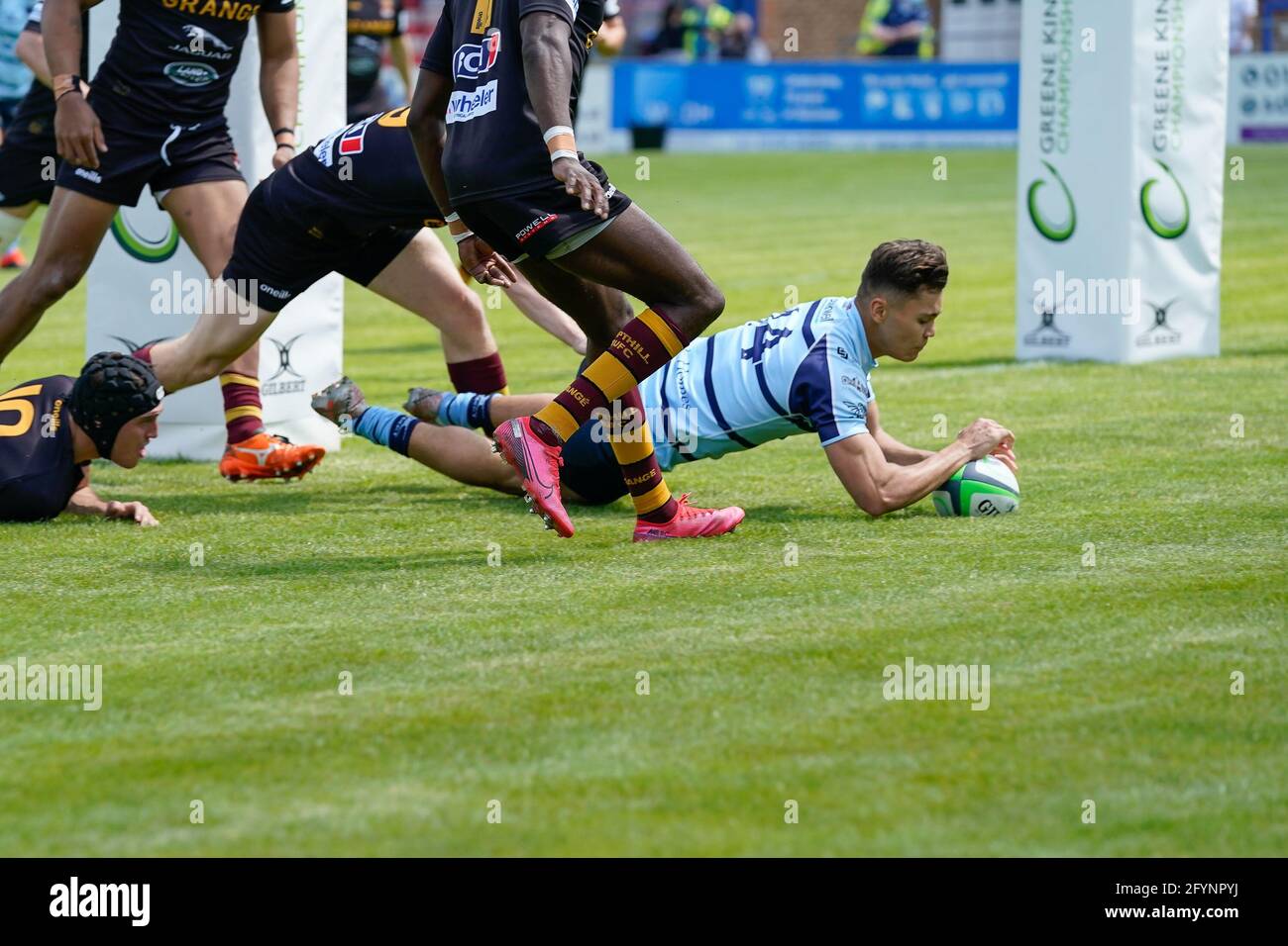 Josh GILLESPIE (14) of Bedford Blues scores the opening try during the Greene King IPA Championship match between Bedford Blues and Ampthill RUFC at Goldington Road, Bedford, England on 29 May 2021. Photo by David Horn. Stock Photo
