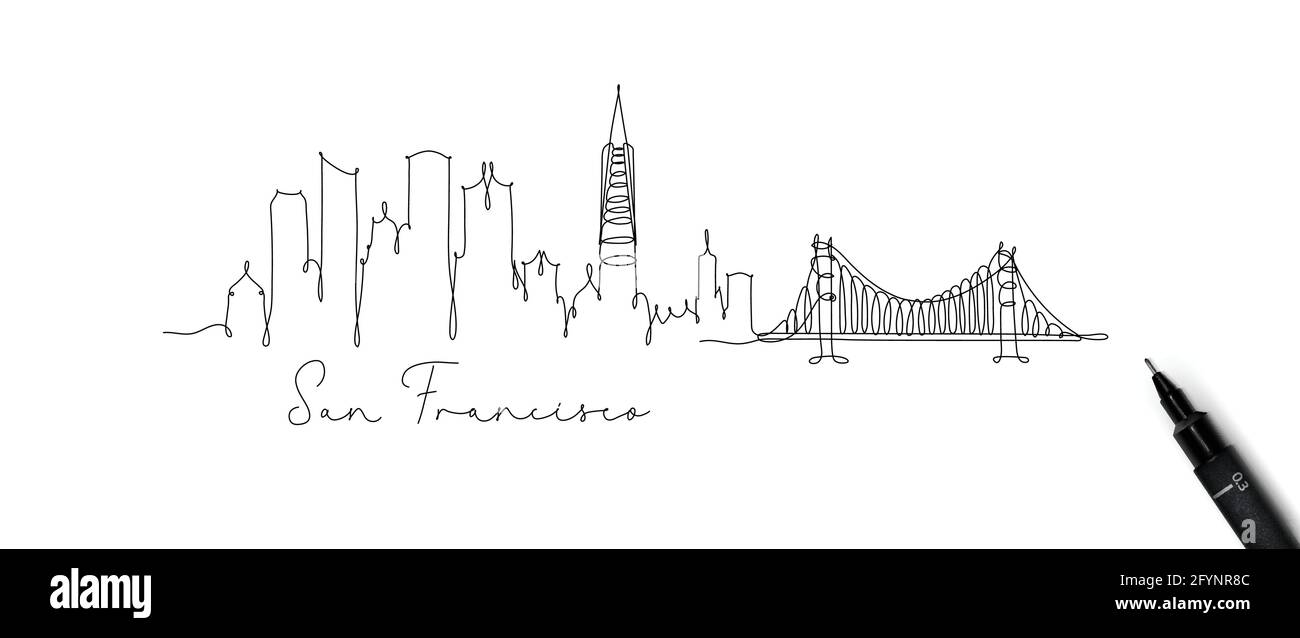 City silhouette san francisco in pen line style drawing with beige ...