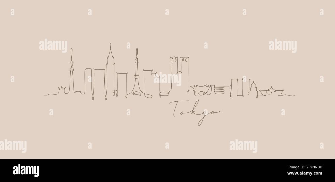 City silhouette tokyo in pen line style drawing with brown lines on beige background Stock Vector