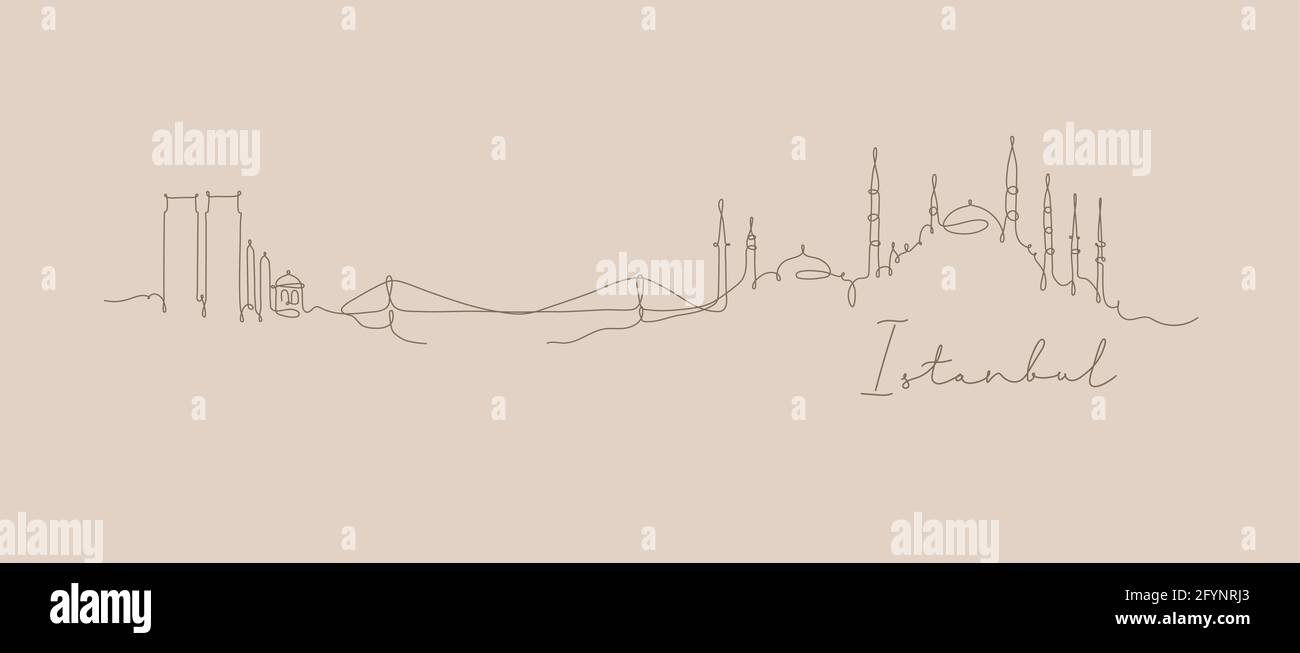 City silhouette Istanbul in pen line style drawing with brown lines on beige background Stock Vector