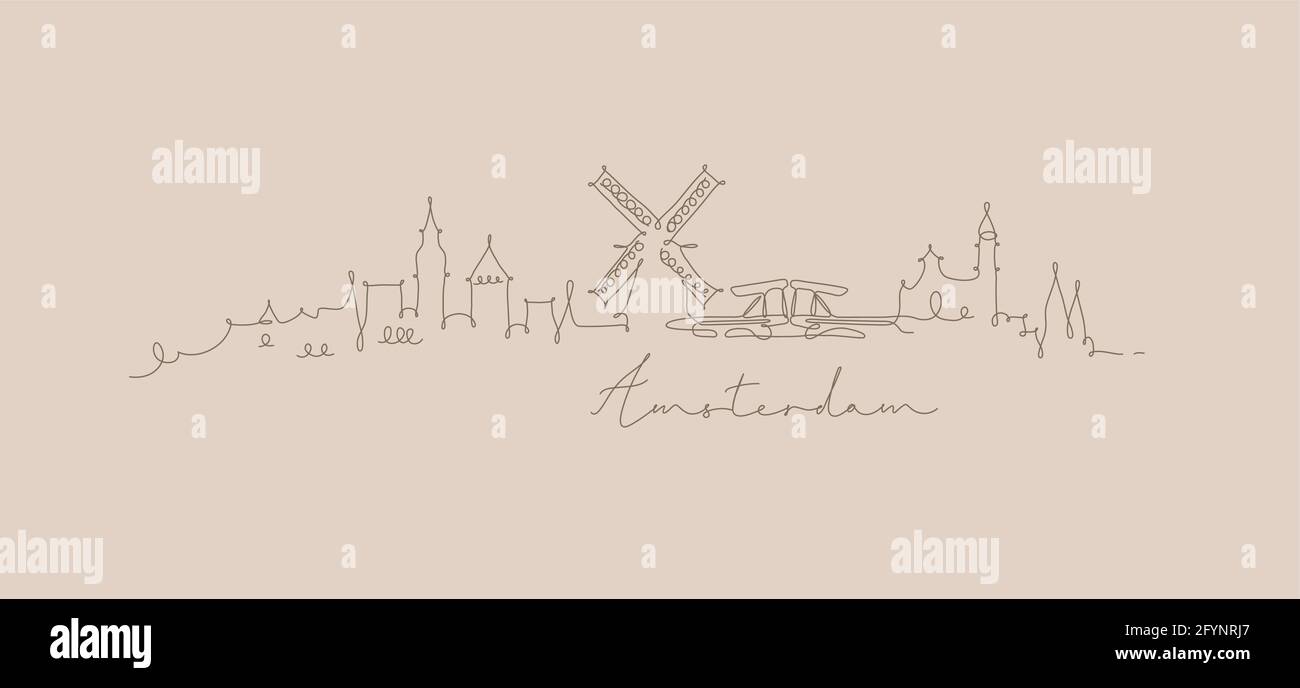 City silhouette amsterdam in pen line style drawing with brown lines on beige background Stock Vector
