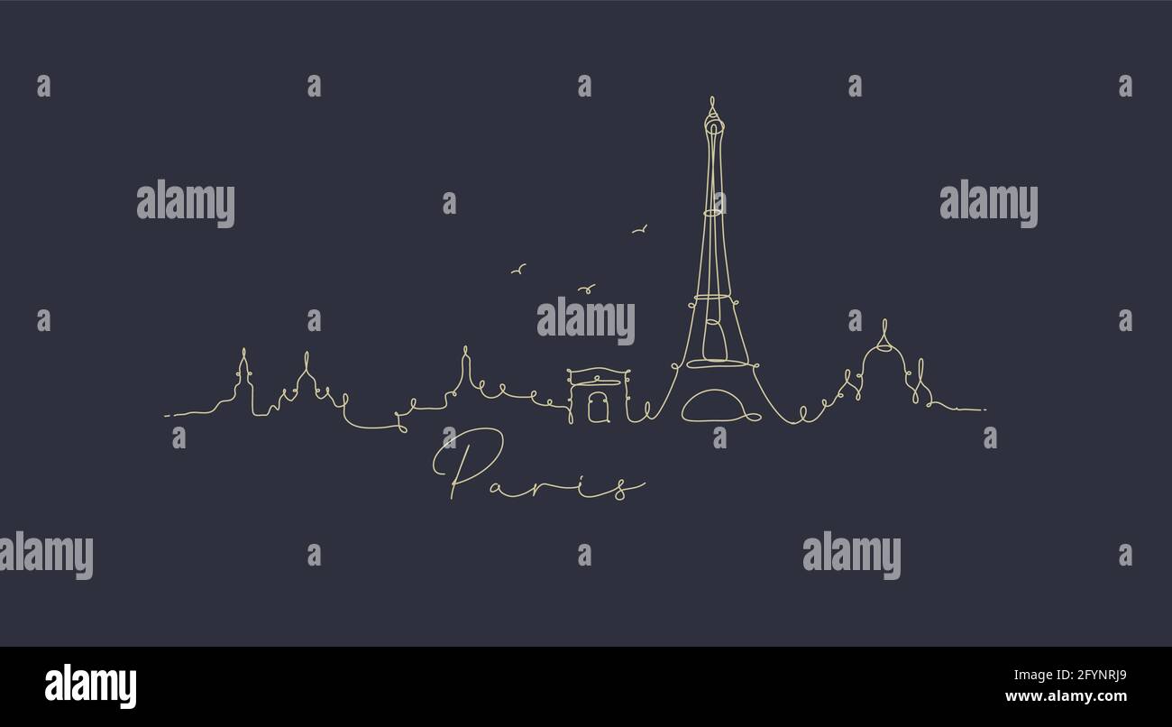 City silhouette paris in pen line style drawing with beige lines on dark blue background Stock Vector