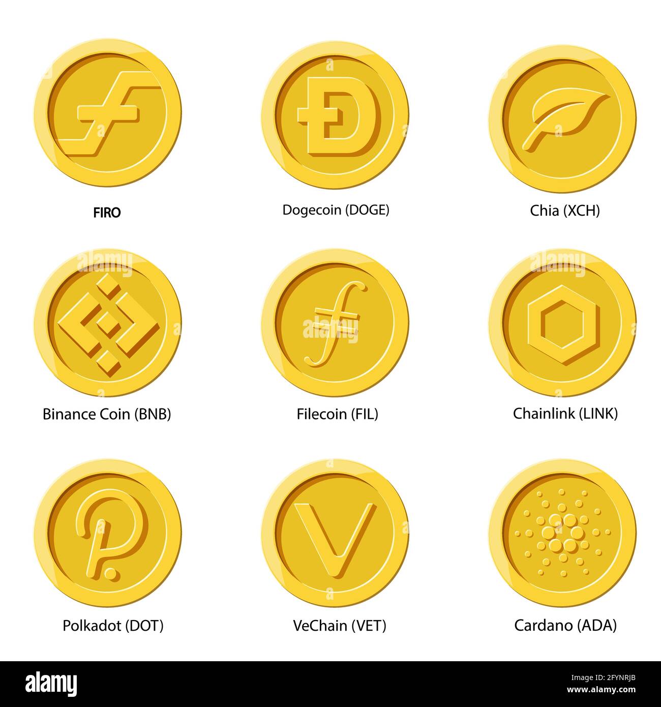 Crypto currency icons coin. Set of digital money for apps, websites or logo. FLAT vector illustrations. firo, dogecoin, Chia, Binance, filecoin, chain Stock Vector