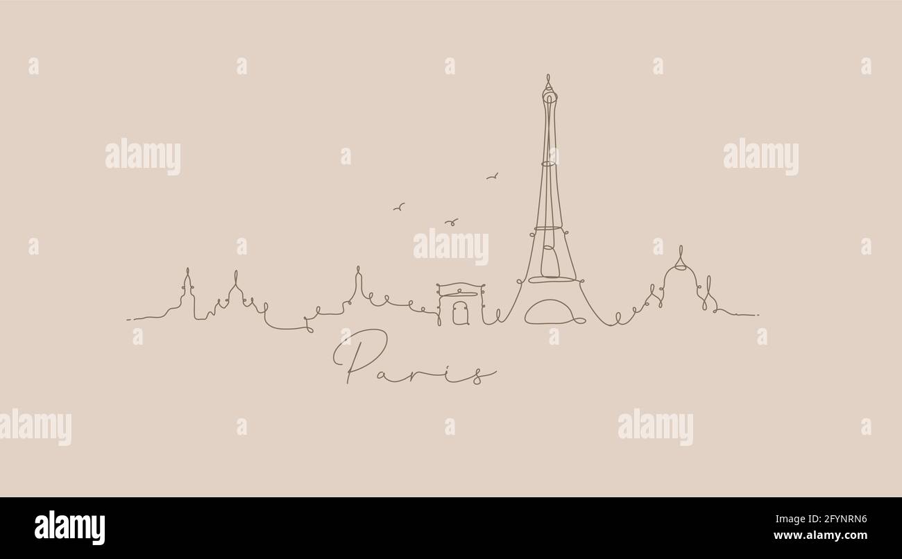 City silhouette paris in pen line style drawing with brown lines on beige background Stock Vector