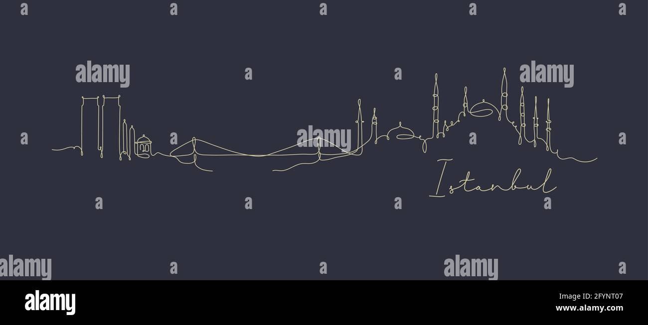 City silhouette Istanbul in pen line style drawing with beige lines on dark blue background Stock Vector