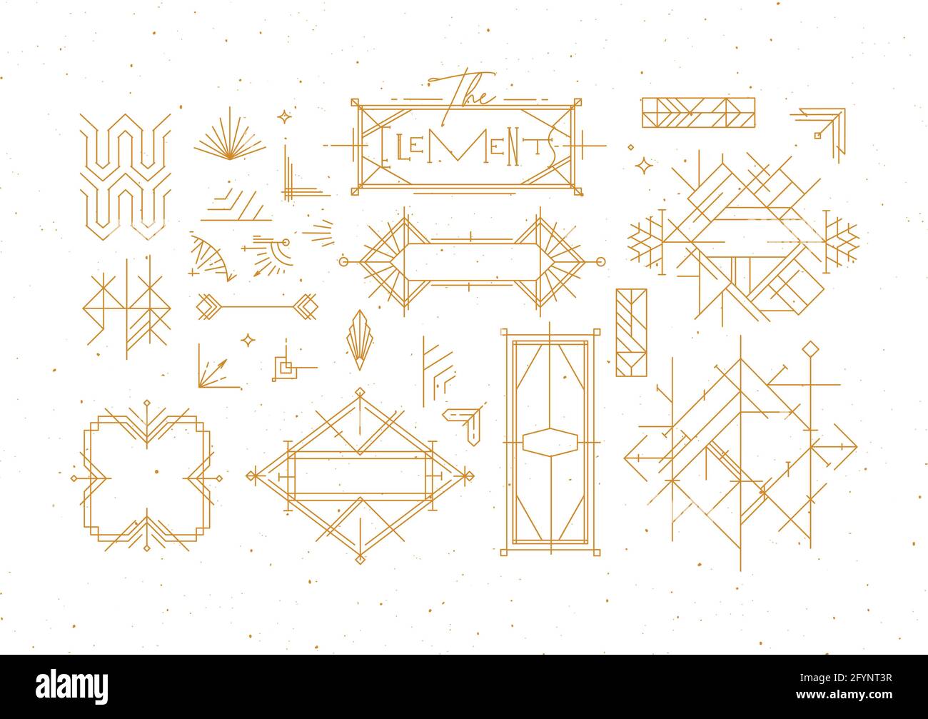 Art deco vintage design elements drawing in gold line style on white background Stock Vector