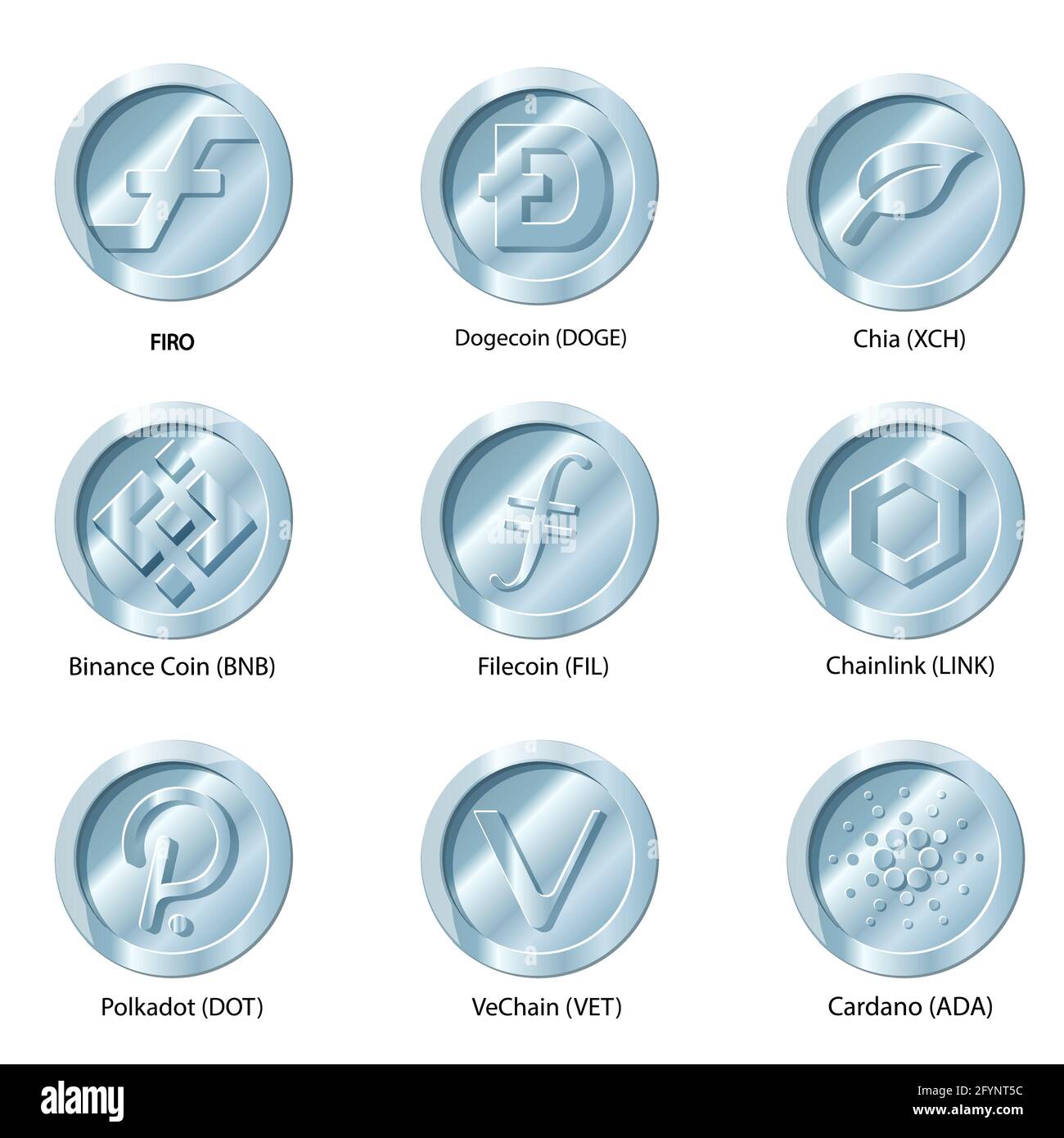 Crypto currency icons coin. Set of digital money for apps, websites or logo. FLAT vector illustrations. firo, dogecoin, Chia, Binance, filecoin, chain Stock Vector