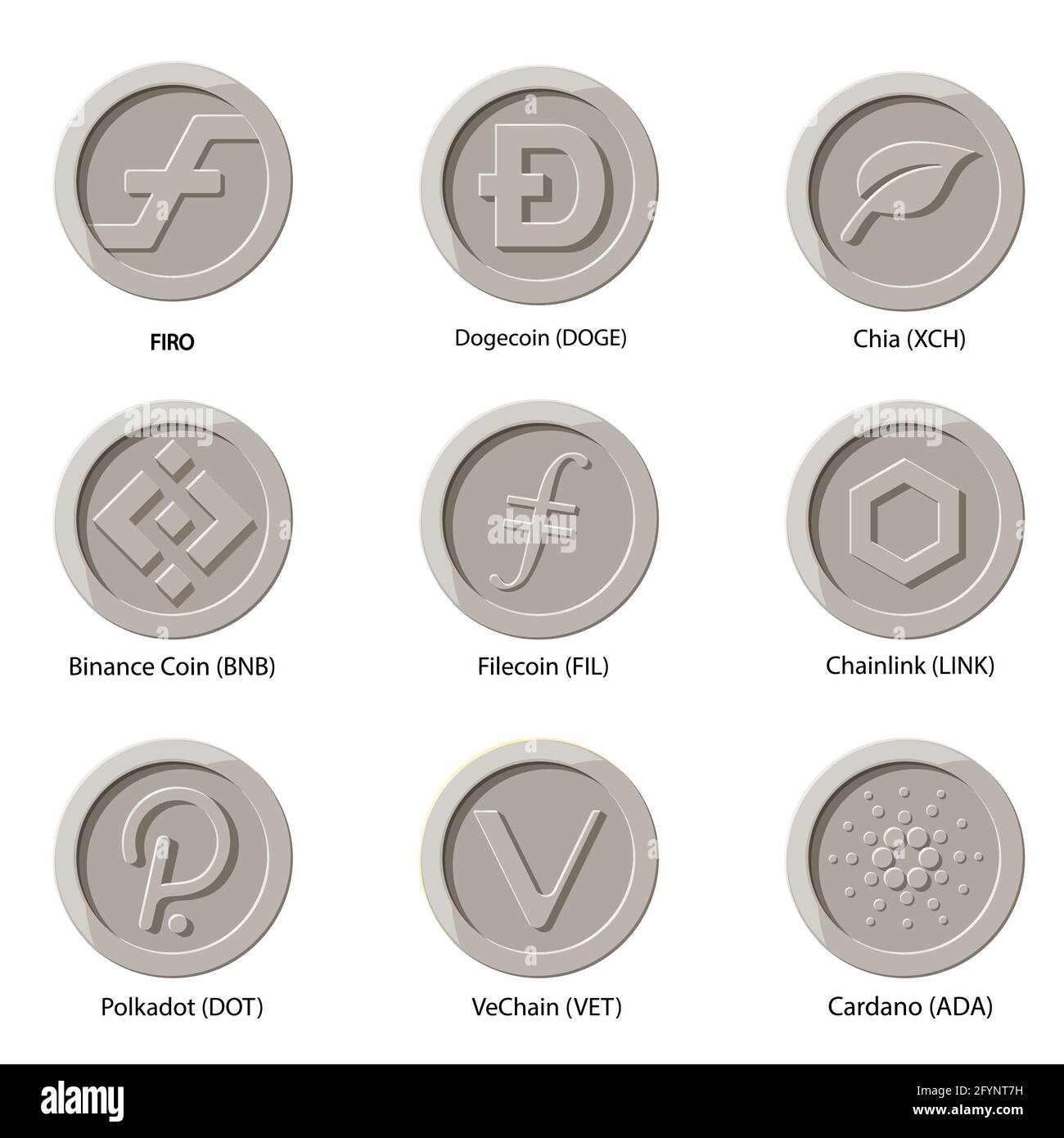 Crypto currency icons coin. Set of digital money for apps, websites or logo. FLAT vector illustrations. firo, dogecoin, Chia, Binance, filecoin, chain Stock Vector