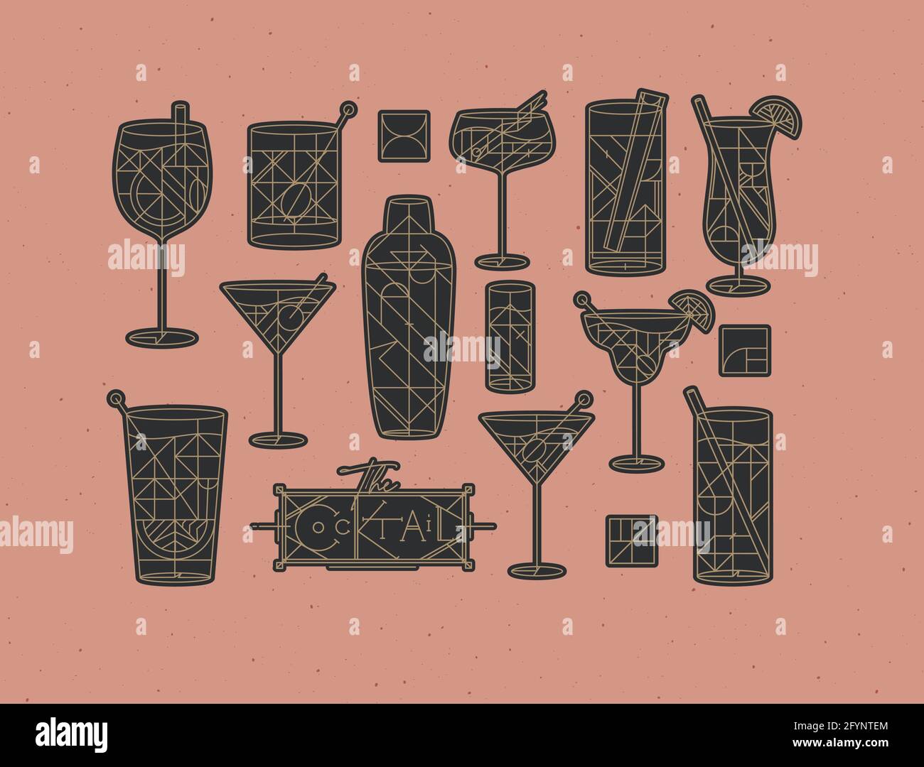 Art deco cocktails set drawing in line style with fill dark on powder coral background Stock Vector