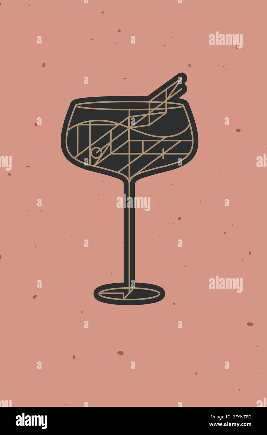 Art deco cocktail cuba libre drawing in line style on powder coral ...