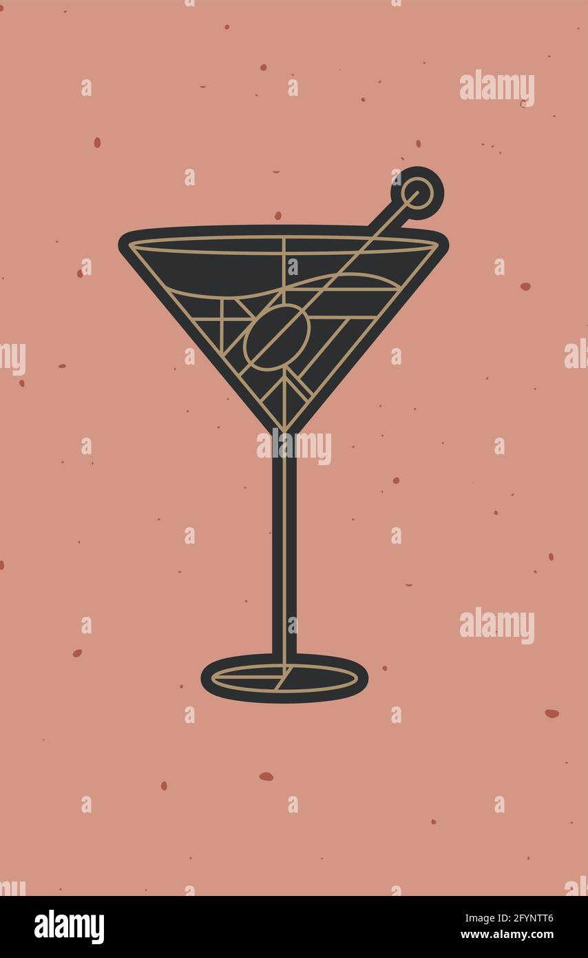 Art deco cocktail dirty martini drawing in line style on powder coral background Stock Vector