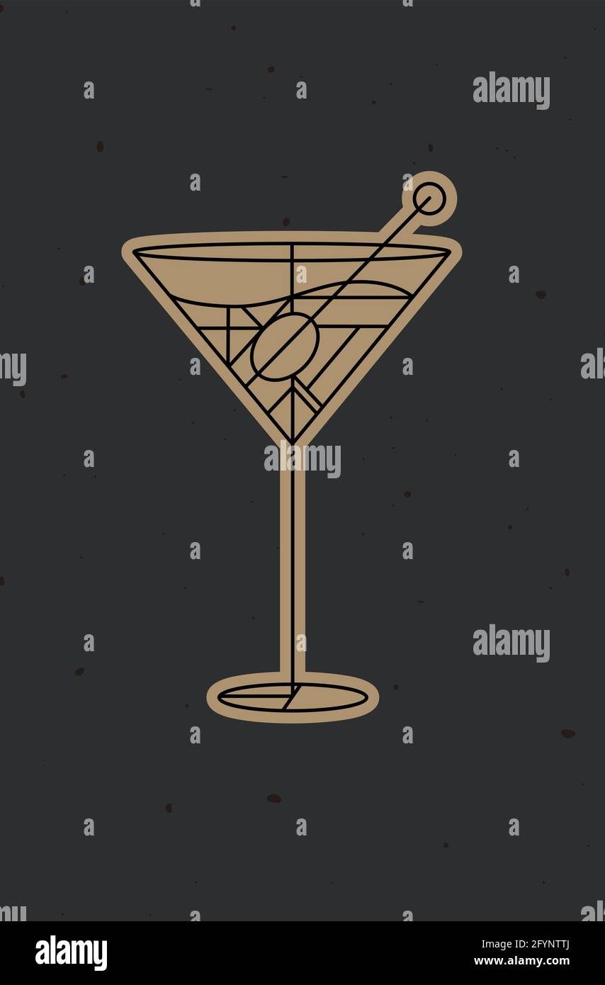 Art deco cocktail dirty martini drawing in line style on dark background Stock Vector