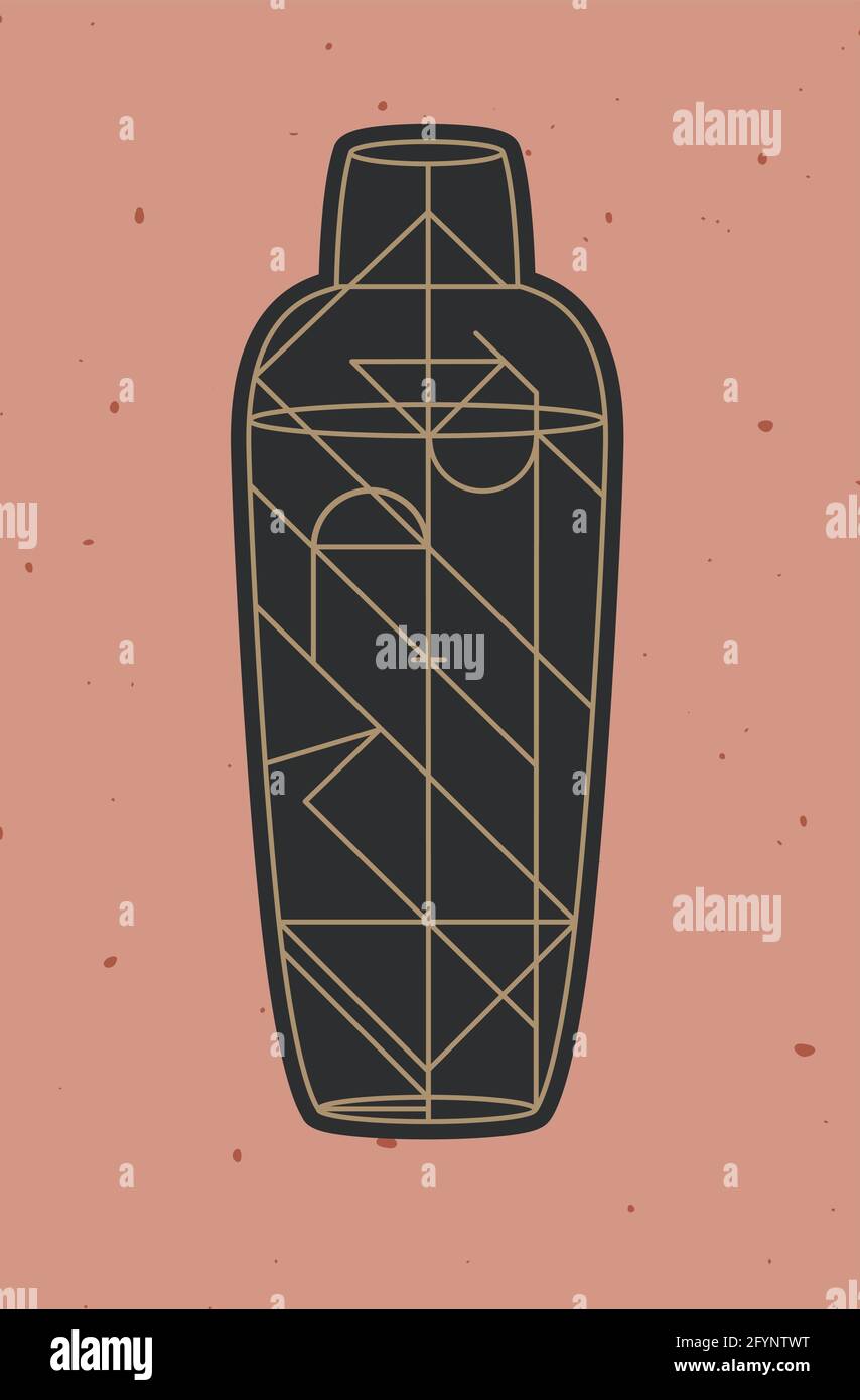 Art deco cocktail shaker drawing in line style on powder coral background Stock Vector Image