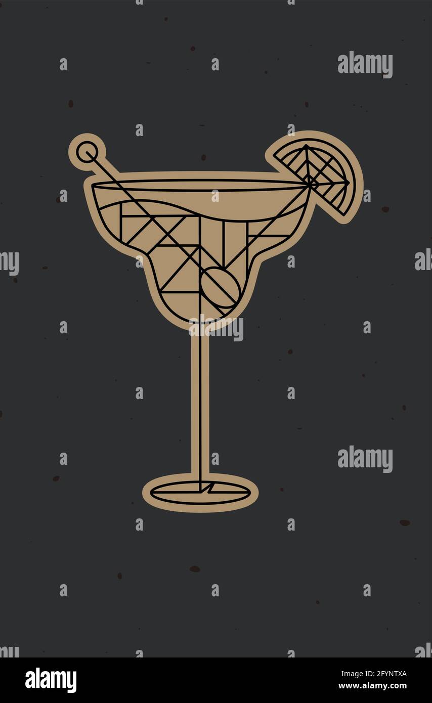 Art deco cocktail margarita drawing in line style on dark background