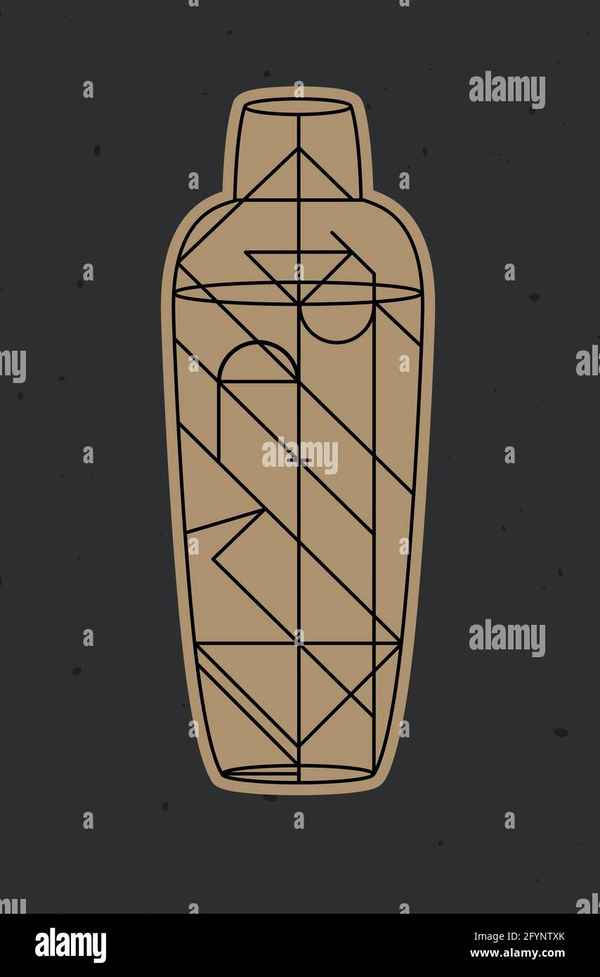 Art deco cocktail shaker drawing in line style on dark background Stock