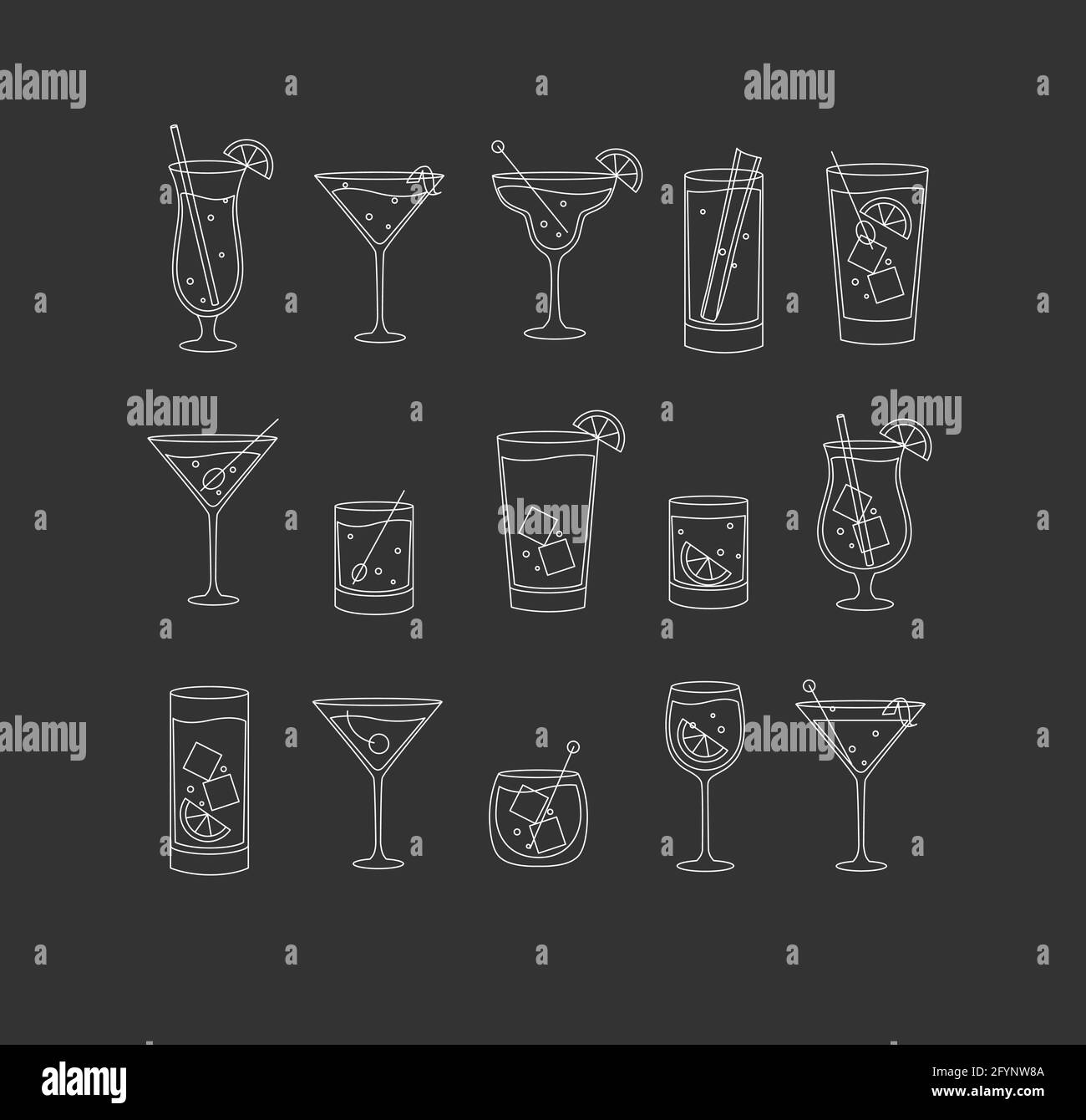 Alcohol drinks and cocktails icon set in flat line style on dark background. Stock Vector