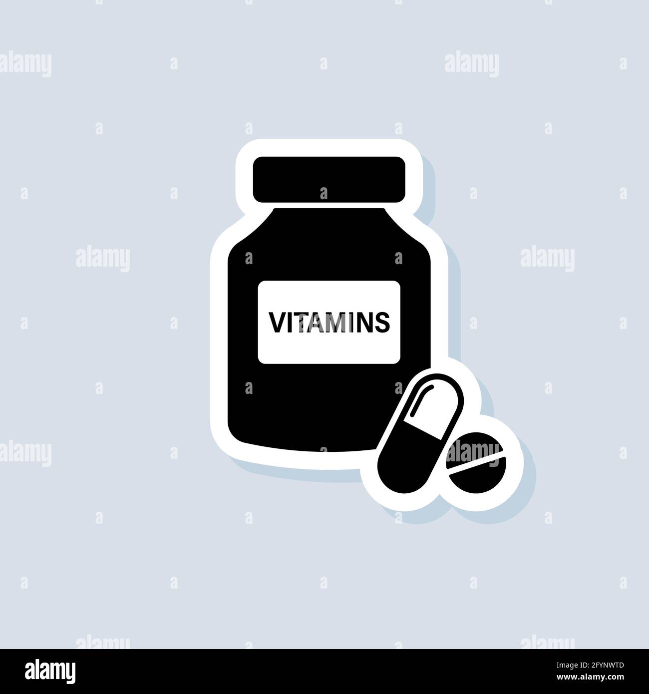 Vitamins sticker. Pills icon. Medical logo. Tablets for health. Vector on isolated background. EPS 10. Stock Vector