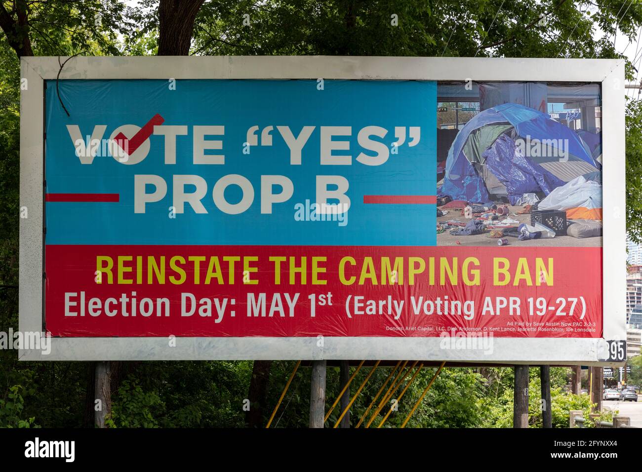 Political signs, for issue of Homeless encampment, Austin, Texas, USA, by James D Coppinger/Dembinsky Photo Assoc Stock Photo