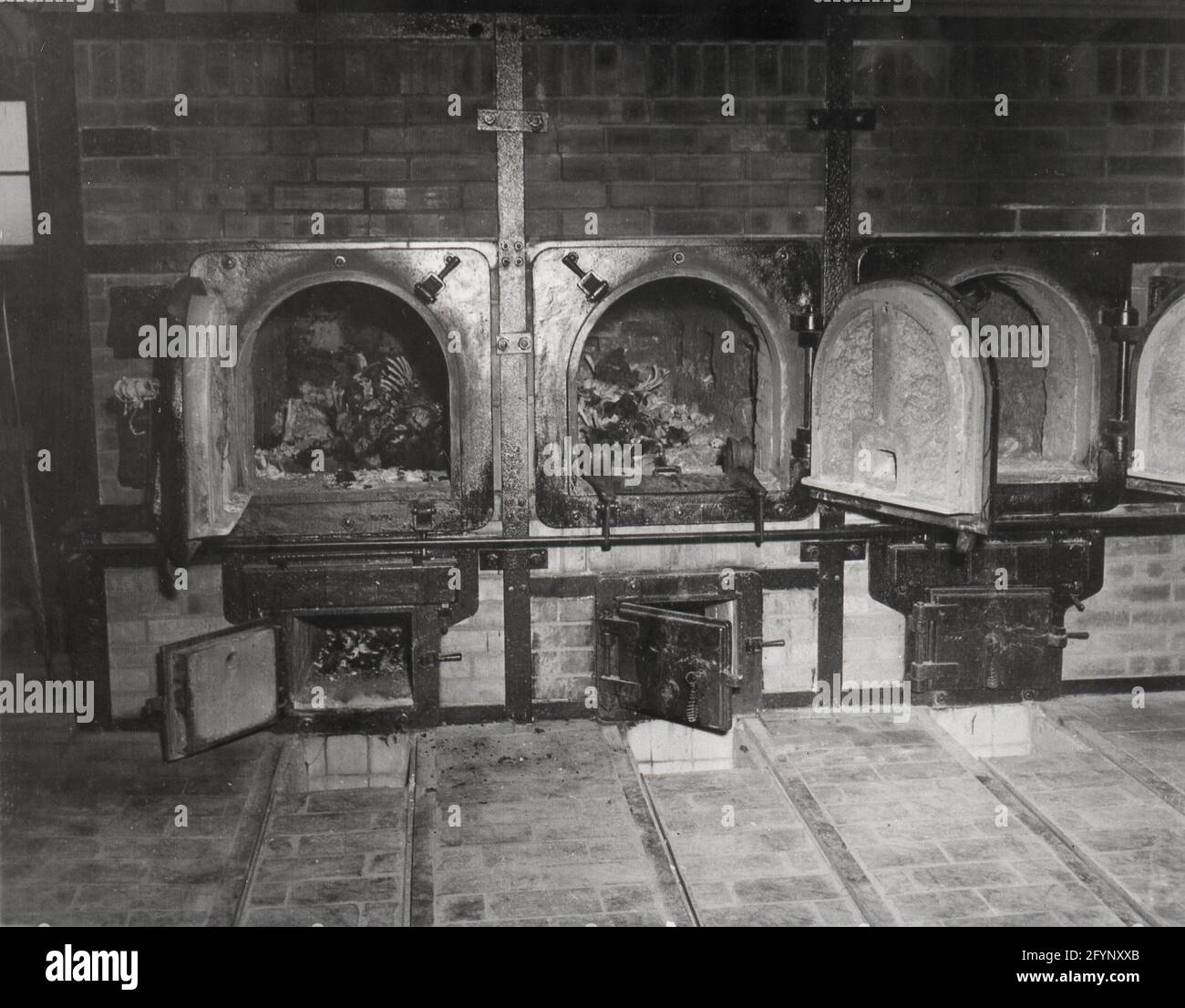 World War Two WWII Holocaust atrocity crematorium at the Buchenwald concentration camp taken by Pfc. W. Chichersky of the 3rd US Army, April 14, 1945  cremation of Jews by the Nazis Stock Photo