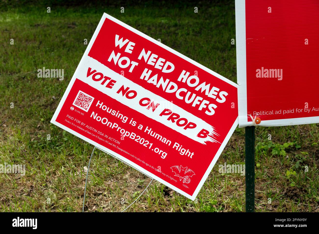 Political signs, for issue of Homeless encampment, Austin, Texas, USA, by James D Coppinger/Dembinsky Photo Assoc Stock Photo